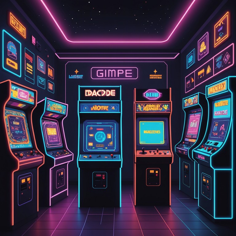 This track captures the essence of a high energy 80s arcade atmosphere, complete with pulsating rhythms and catchy synthesizer melodies reminiscent of classic video game soundtracks. Driven by a rhythmic vintage synth lead, this piece embodies the vibrant color and dynamic spirit of retro futurism.