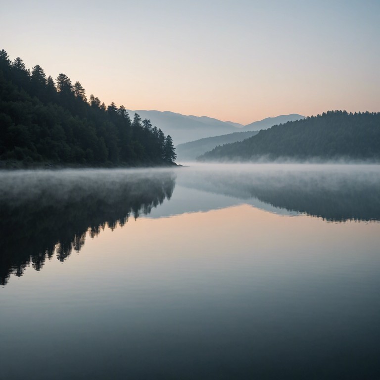 Capture the soft essence of a tranquil mid summer day where gentle melodies dance over serene backdrops, perfectly encapsulated in a dreamy synthpop styling that soothes and uplifts. The music mirrors the calm of an undisturbed lake at dawn, reflecting subtle movements and moods