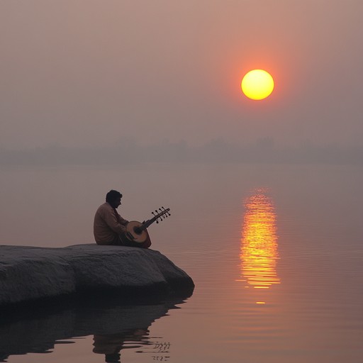 A tranquil instrumental piece that captures the serene ambiance of a ganges river sunset, blending traditional hindustani musical elements with modern chill beats to create a soothing experience. The rich sound of the sitar intertwines with ambient layers to evoke a peaceful and meditative state of mind.