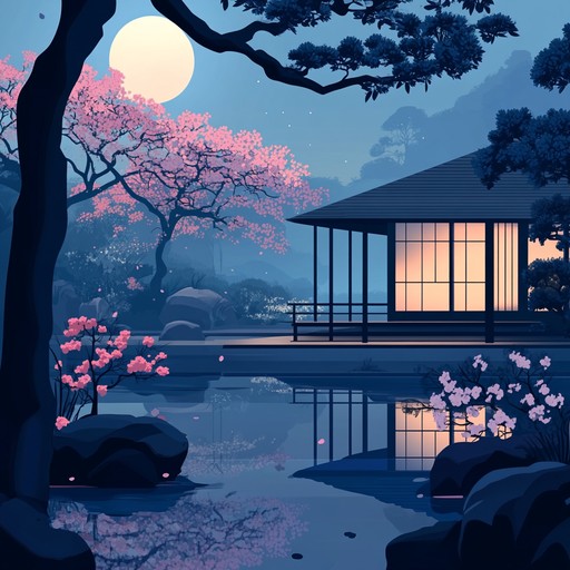 A soothing instrumental featuring delicate koto sounds, capturing the essence of a tranquil evening beneath blooming cherry blossoms, enveloped by the serene glow of the moon, inspiring calmness and reflection.