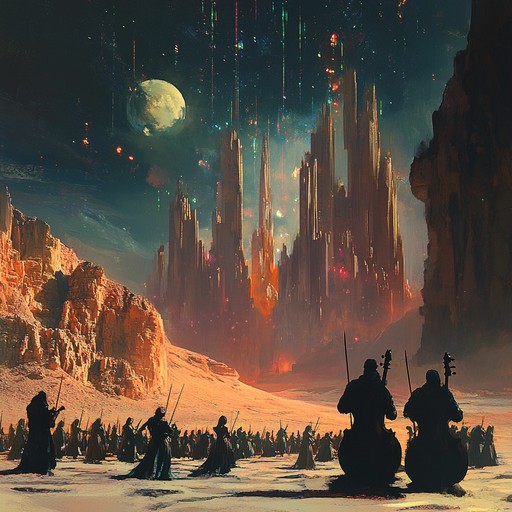 An instrumental journey combining orchestral elements with exotic rock styles, featuring dynamic strings, powerful percussion, and electric guitar riffs. The composition evokes a vast, mystical desert, culminating in an epic, energetic finale