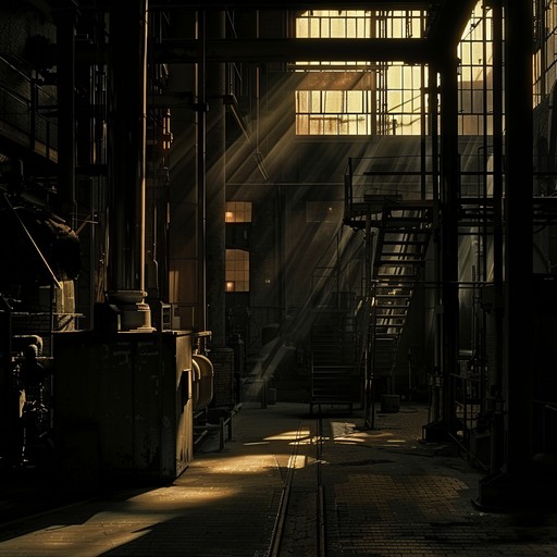 A journey through an unknown, eerie industrial landscape where shadows whisper secrets and machinery grinds with an ominous rhythm. Heavy guitar riffs intertwine with mechanical beats, creating a haunting yet captivating soundscape that pulls listeners into a world of enigmatic industrial sounds and dark, hidden corridors.