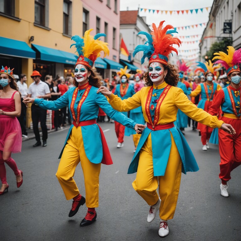 A musical journey capturing the essence of a joyous street carnival, enveloped in uplifting rhythms and a celebratory mood, reflecting the spirit of communal joy and vibrant festivities that can be felt under the warm sun