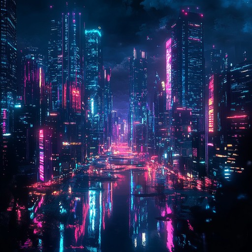 An invigorating blend of robust electronic beats and synthetic melodies, creating a confident, energetic ambiance that captures the essence of a futuristic cyberpunk city in vibrant, pulsating neon lights