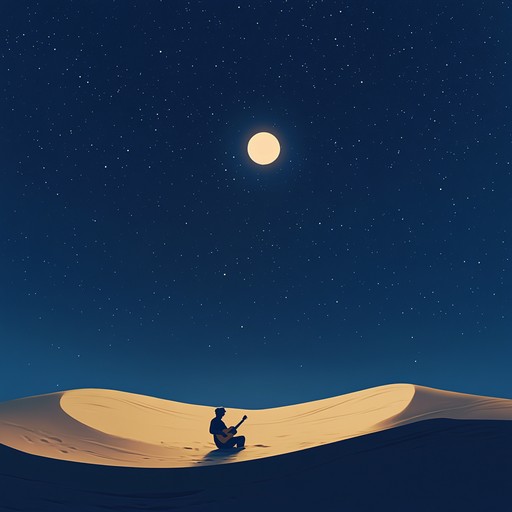 A mystical guitar journey through sand dunes, guided by ambient middle eastern percussion, creating a hypnotic and ethereal soundscape. The electric guitar, rich with reverb and delay, weaves intricate melodies that transport the listener to a surreal desert night filled with stars and mystery.