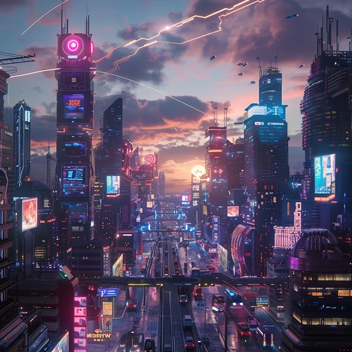 Pulsing synths and driving beats create an uplifting track set in a neon lit cyberpunk city, evoking a sense of exhilarating joy and futuristic adventure