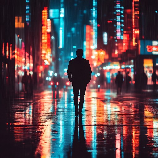 An instrumental track that fuses modern r&b rhythms with ambient, atmospheric synths, creating a lush soundscape that evokes the feeling of wandering through a city under neon lights during a gentle rain. The music blends soulful melodies with futuristic electronic elements, providing a moody and introspective listening experience.