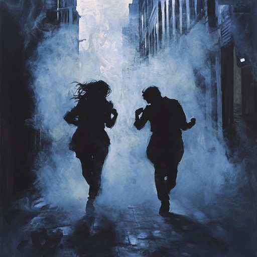 Imagine a dark, cobbled street illuminated by flickering streetlights. Two dancers, a man and a woman, engage in a desperate, hurried tango as if trying to escape unseen tormentors. The music builds tension with dissonant harmonies and sudden pauses, creating an atmosphere of relentless anxiety and urgency.