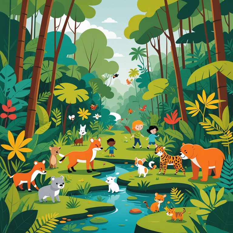 This track features vibrant exotic instruments, creating a playful and engaging atmosphere that captures the essence of a joyous jungle exploration. Suitable for children, this song uses upbeat rhythms and cheerful melodies to emulate a lively jungle scene filled with animals and adventures.