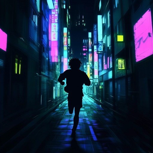 A suspenseful blend of synths and driving beats capturing a high stakes pursuit through neon lit streets.