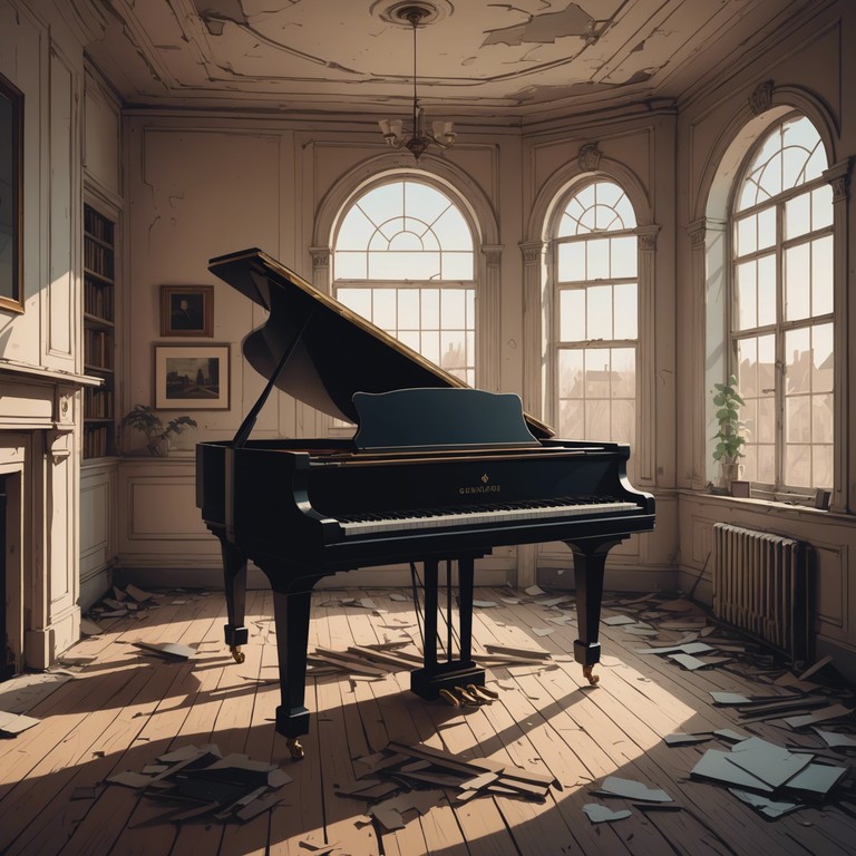 A haunting piano composition where each note seems to tell a story of forgotten rooms and hidden secrets. The music maintains a minimalistic approach, giving space for each note to linger in the air, enhancing the feeling of solitude and mystery.