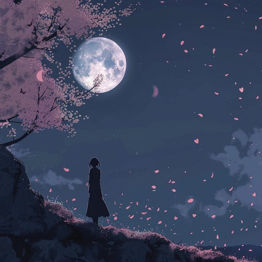 An evocative piano composition that captures the essence of a quiet, moonlit spring night where cherry blossoms gently fall, filling the scene with an air of wistful beauty.