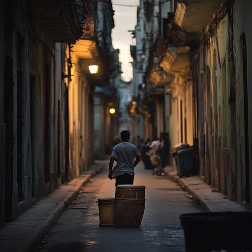 Lose yourself in the deep, shadowy streets of havana where intricate afro cuban percussions weave a dark, enchanting tapestry of sound. Let the conga drums' echoing rhythms lead you through mysterious alleys, as lush melodies from traditional instruments tell tales of ancient rituals and hidden secrets.