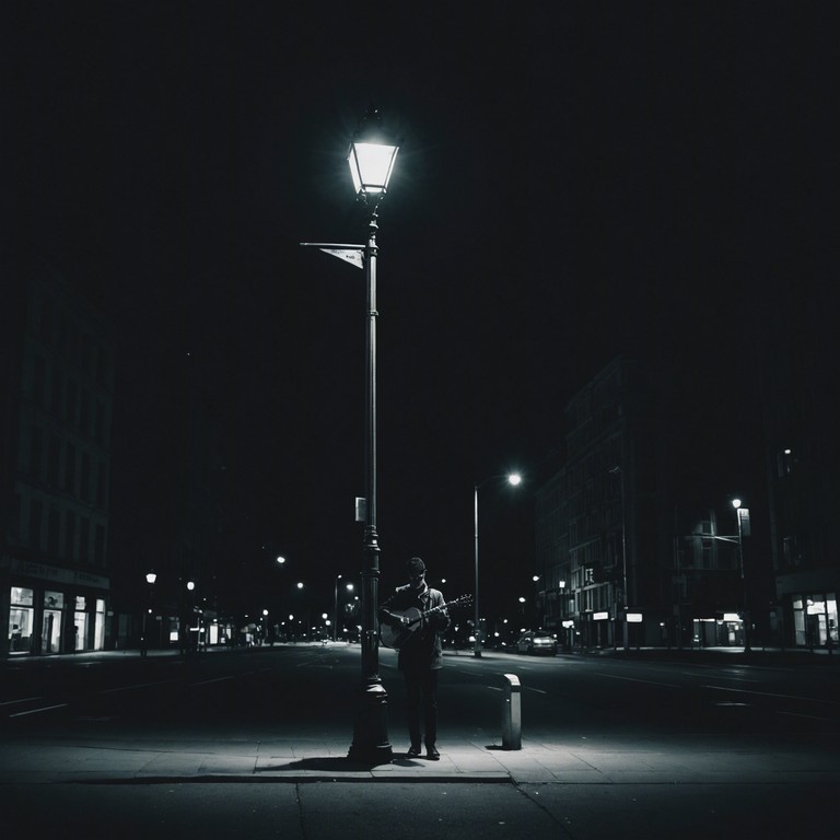 A lonely figure stands under a flickering lamp post, their trumpet casting soft, jazzy tones into the cool night air, filling the listener with a sense of deep introspection as the notes float through the empty urban landscape.