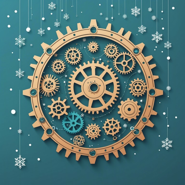 An avant garde take on holiday music, blending the spirited buzz of celebration with the gritty textures of industrial rock, illustrating a factory at peak holiday production with each machine contributing to the cheerful chaos.