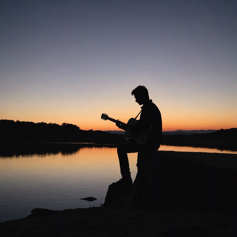 An electric guitar softly plays, its gentle strums creating a meditative atmosphere that reflects both beauty and the soul's solitude, perfect for deep reflection or an introspective journey.