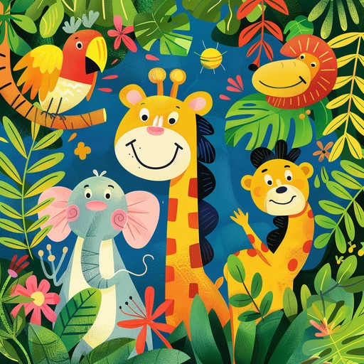 An upbeat and energetic instrumental piece that captures the vibrant and lively atmosphere of a playful jungle, complete with rhythmic marimba and whimsical melodies to engage children's imaginations and incite joyful movement.