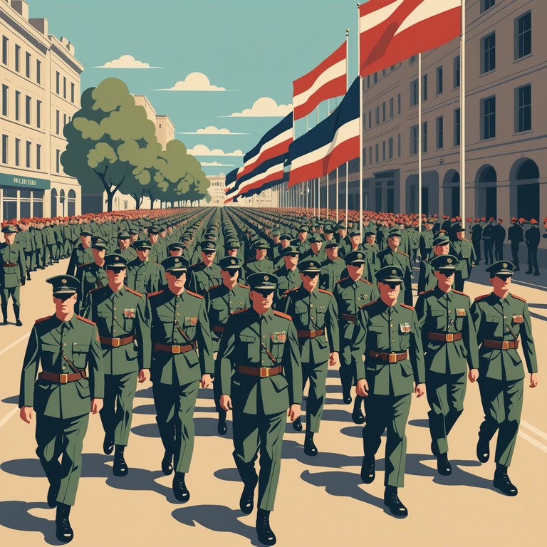 This composition features soaring melodies and regimented rhythms that mimic the sounds and emotions associated with a grand military parade. Each note is crafted to evoke feelings of pride and bravery amongst soldiers and listeners alike. The use of a prominent brass section enhances the martial atmosphere, embodying the essence of honor and discipline.