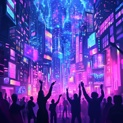 An uplifting instrumental cyberpunk song blending joyful synth melodies with energetic electronic rhythms, evoking celebration in a neon lit future city