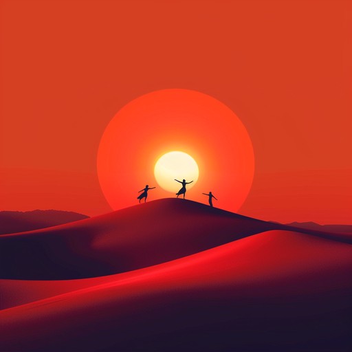 A spirited instrumental capturing the vibrant energy of middle eastern dance at sunset, characterized by lively percussion and melodic string instruments. The music transports listeners to the heart of the desert, where the evening sky burns in hues of red and orange while dancers move with grace and vigor.