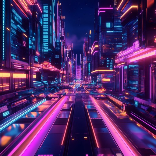 A vivid electro track radiating with dynamic energy through bold rhythms, bass pulses, and electrifying synths, capturing the essence of a neon lit city at night