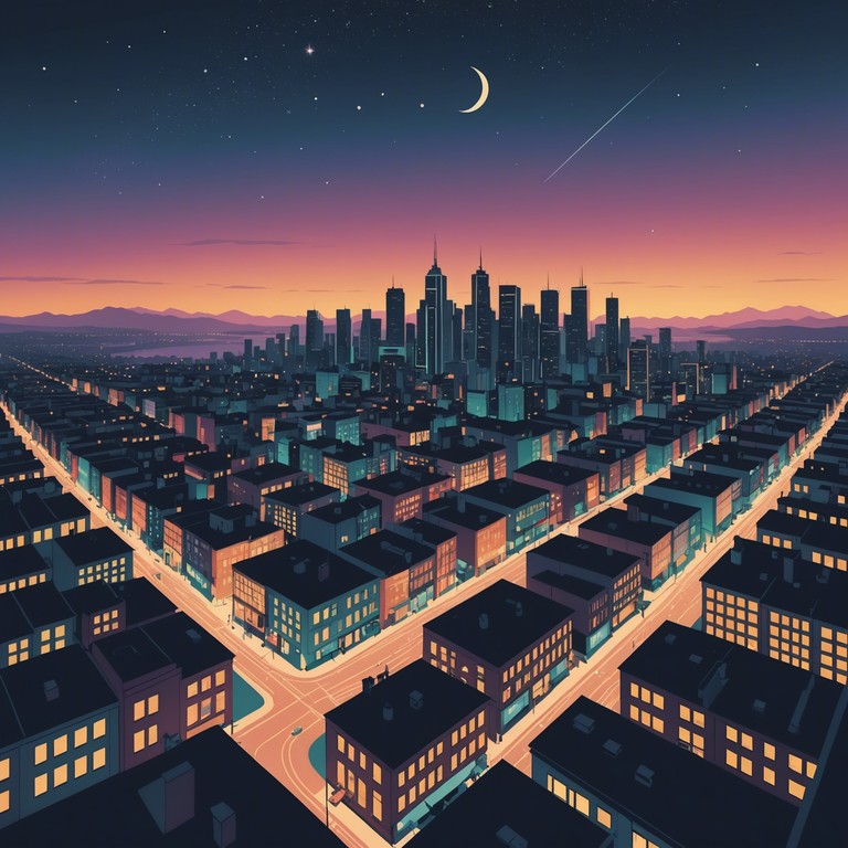 This track blends serene ambient sounds with sophisticated rhythmic patterns, reminiscent of a bustling cityscape viewed from above during twilight. The music is designed to evoke confidence and an aura of introspection as the listener is transported through a sonic landscape of towering skyscrapers and twinkling city lights.