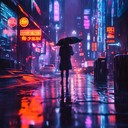 ethereal synths weave through dark, rain soaked cyber cityscapes