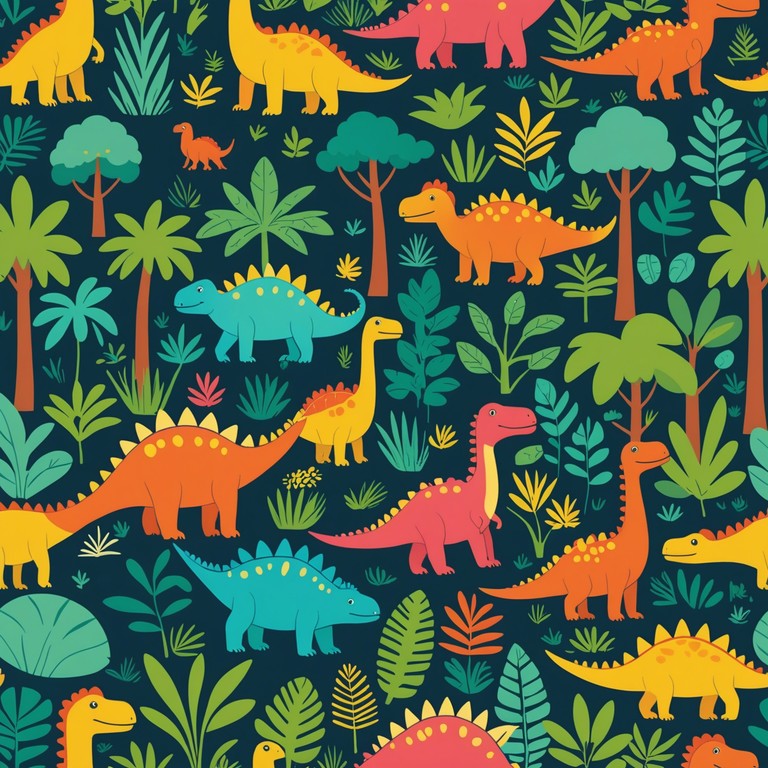 Imagine a prehistoric world where playful but fierce dinosaurs learn about friendship and overcoming barriers. This track, resembling a vigorous playtime, combines adventurous themes with light heartedness, designed specifically for children with a taste for thrills. The composition features dynamic orchestral percussion to mimic the stomping of mighty dinosaurs.