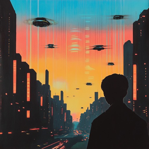 A captivating instrumental piece featuring rich synthesizer textures and rhythmic patterns that transport the listener to a dreamlike journey across futuristic cityscapes. The music blends elements of new wave and synthwave to evoke feelings of nostalgia and wonder, crafting an expansive soundscape reminiscent of 1980s electronic music.