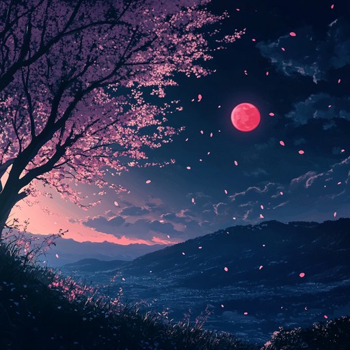 An instrumental piece combining gentle koto and ambient synths, creating a soothing atmosphere reminiscent of tranquil nights in an anime setting under blossoming cherry trees.