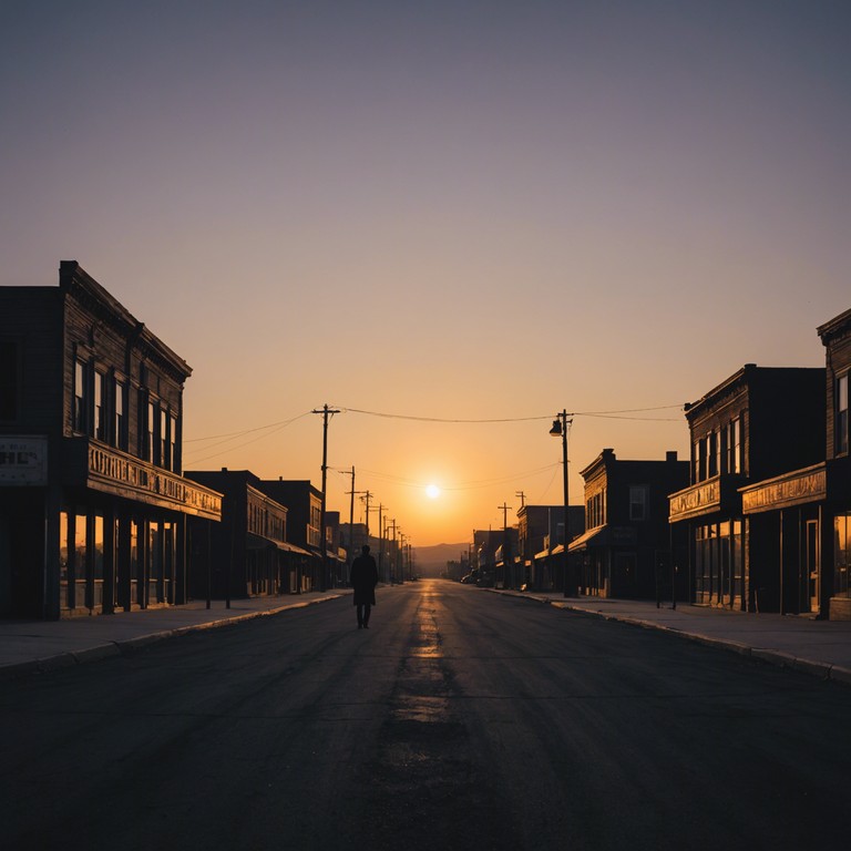 A foreboding atmosphere looms as distant coyotes howl and tumbleweeds drift. The track, dominated by a mournful harmonica, brings the intense emotion of a classic western standoff to life, setting the scene for a tense, nail biting encounter in a deserted ghost town, as the sun dips below the horizon, casting long shadows and hinting at hidden dangers.