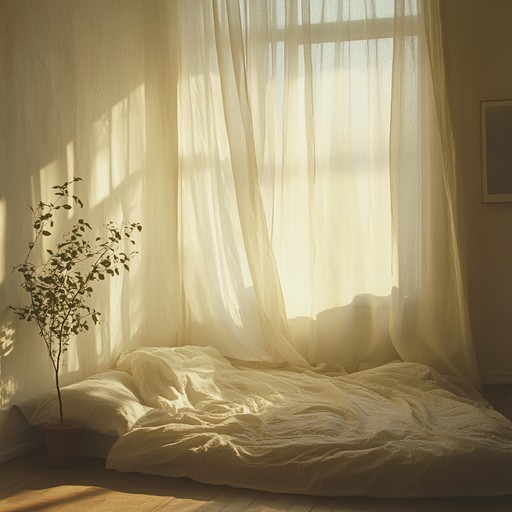 Gentle, ambient synths weave through soft, dreamy guitar melodies, evoking a tranquil and delicate morning light washing over a bedroom. The soothing soundscape wraps the listener in warmth and serenity.