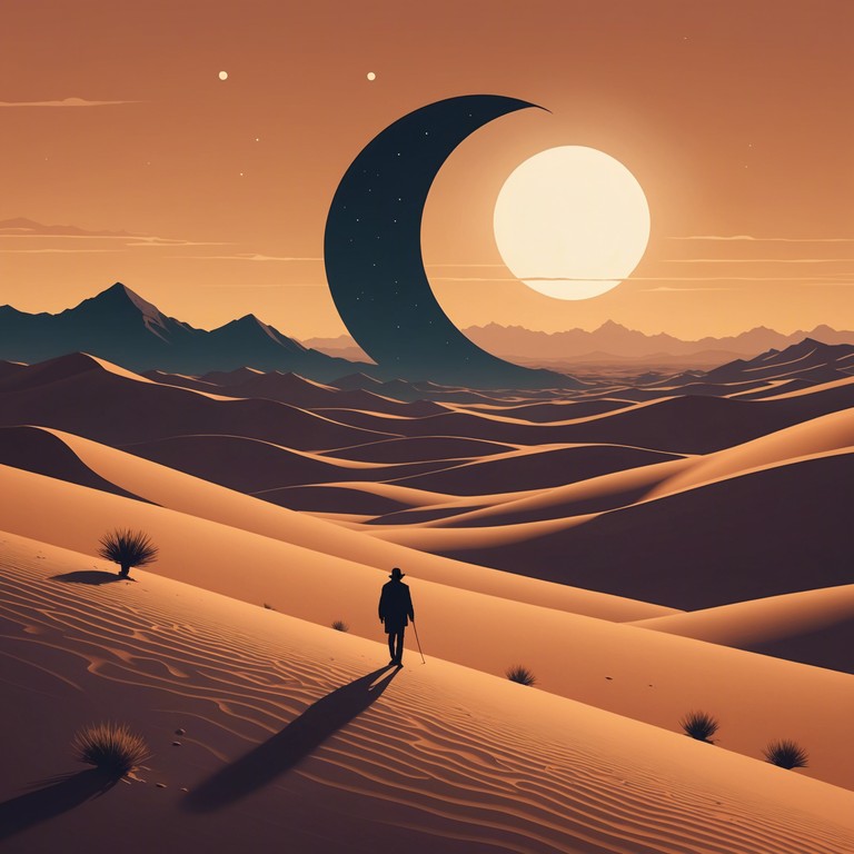 A track that begins with cautious, quiet tones, gradually layering middle eastern instruments to build suspense and intrigue. The piece captures the feeling of navigating through uncertain terrains, mirroring the suspense and mystery of the desert at dusk.