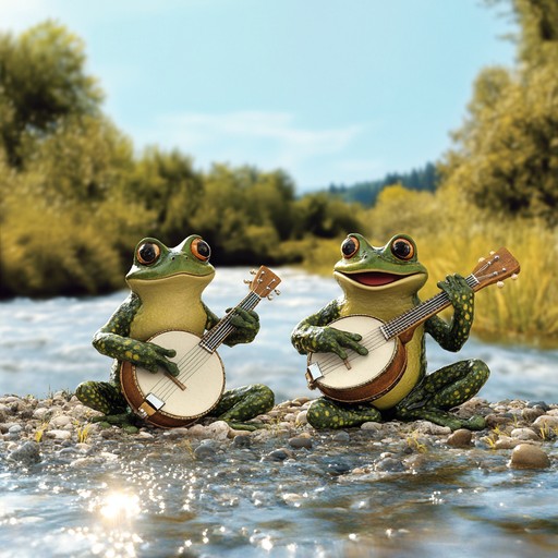 An upbeat instrumental featuring lively banjo that paints a whimsical soundscape of frogs dancing by the riverbank under the sun.