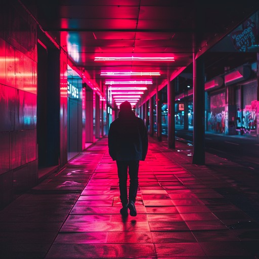 A minimalistic deep house track capturing the essence of urban loneliness, where the pulsating beats reflect the quiet desolation of empty streets illuminated by neon signs