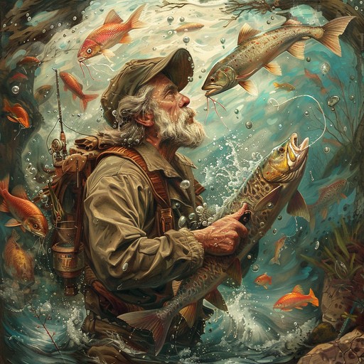 A lively, upbeat tune that captures the excitement and anticipation of a day out fishing. The melody is carried by the playful plucking of an acoustic guitar, evoking the image of a fisherman casting his line and reeling in his catch.