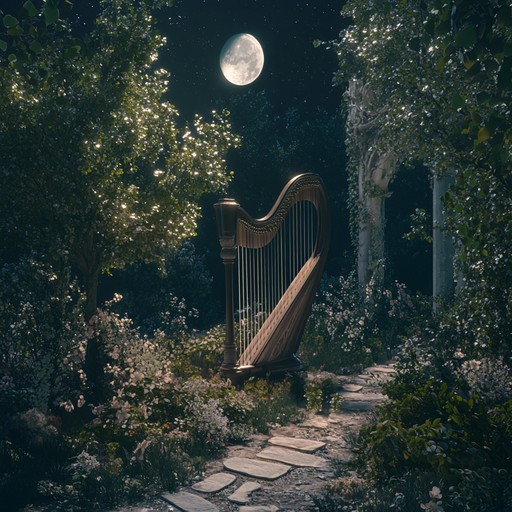 A tranquil nocturnal exploration, where ethereal harp melodies and soft ambient sounds meld into an elegant auditory landscape, evoking the calm and reflective beauty of a moonlit garden at night