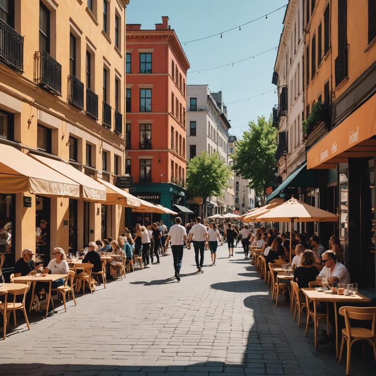 Imagine a perfect sunny afternoon at a lively outdoor jazz cafe. The air is filled with laughter, clinking glasses, and the infectious rhythms of swing that make everyone want to dance. A solo trumpet leads this joyful melody, accompanied by the occasional claps and lively swing beats, capturing the essence of joy and carefree moments.