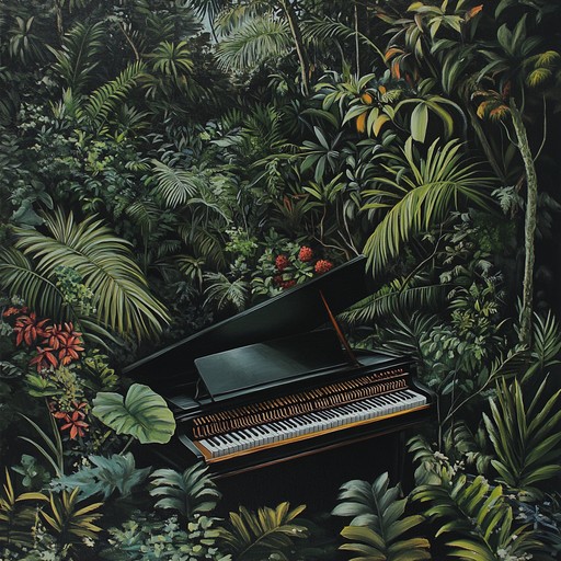 An intricate harpsichord melody weaves through lush tropical environments, blending exotic scales and motifs with baroque era ornamentation. The resulting soundscape evokes the wonder and complexity of an untamed jungle intertwined with the refined sophistication of baroque sensibilities.