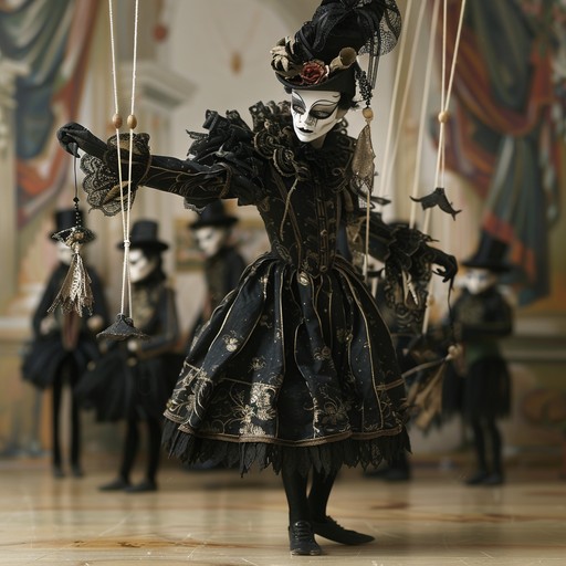 Imagine a grand ballroom filled with elegantly dressed guests wearing ornate masks. As the orchestra begins to play, marionettes descend from the ceiling, dancing gracefully among the crowd. The music is a captivating waltz, with haunting melodies played by strings and a music box-like quality in the background. The piece evokes a sense of enchantment and curiosity, as if the marionettes are guiding the guests through a dreamlike sequence.