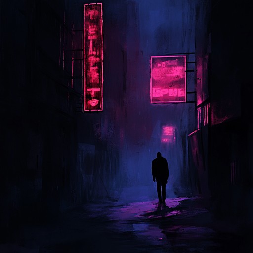 Silent echoes loom in a neon lit urban nightscape, where unsettling synth wails blend with heavy, distorted beats, evoking a sense of lurking dread and impending danger. The atmosphere is thick with tension, driven by a relentless bassline and haunting melodies.