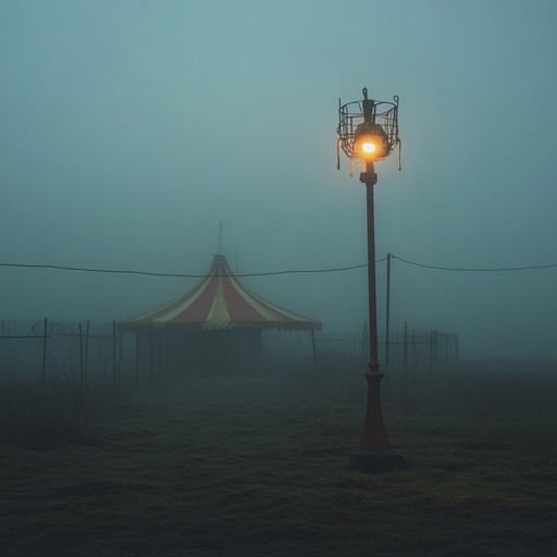 As dusk falls, the once joyful big top transforms into a realm of shadows and eerie sounds. The calliope's slow, soft tunes play a sinister melody, drifting through the abandoned tent, reminding onlookers of a time filled with cheer, now overshadowed by an unsettling quietude.