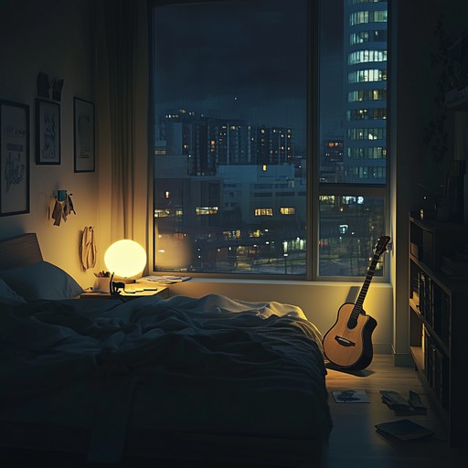 A gentle, lo fi instrumental piece that combines mellow electric guitar riffs with ambient synth atmospheres, evoking the feeling of late night introspection in the quiet comfort of one's bedroom. The music gradually builds, incorporating subtle electronic elements to create a warm and personal soundscape that resonates with feelings of solitude and self reflection.