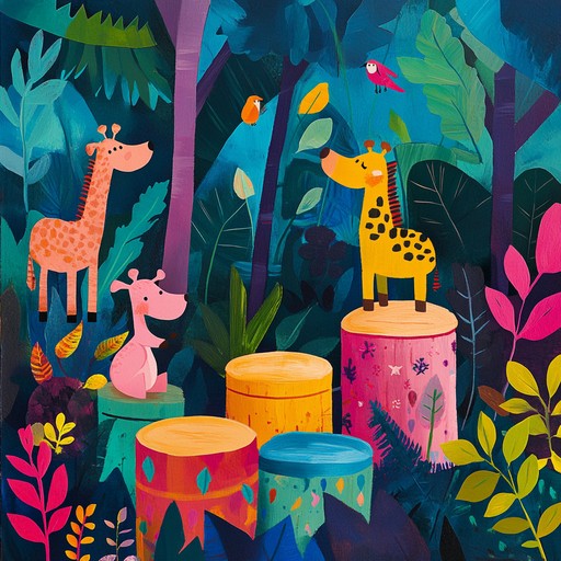 Immerse in a rhythmic adventure through an imaginary jungle, where playful animal sounds and eclectic percussions create a lively parade. The melody is whimsical and joyous, combining african drums, quirky synths, and xylophones to craft an exuberant auditory journey.