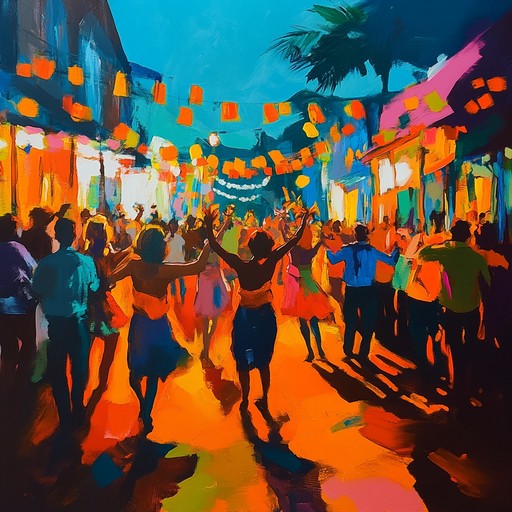 An invigorating salsa track with infectious rhythms, dynamic piano melodies, and vibrant percussion driving the energetic tempo, perfect for a lively street fiesta.