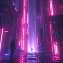 intense synth driven duel in neon lit futuristic cityscape