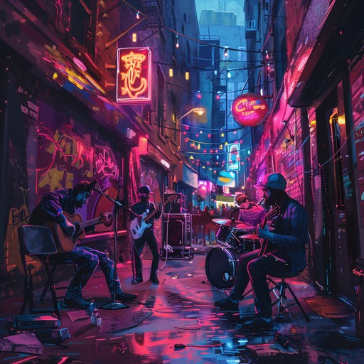 This track captures the essence of a chaotic and high energy blues rock jam, featuring gritty riffs, soaring solos, and a raw, rebellious feel. Picture a late night urban setting where musicians pour their hearts out in a frenzied session. The mood shifts between intense bursts and soulful, melancholic passages, creating a dynamic auditory experience.