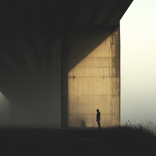 On a misty evening under an old city bridge, a solitary figure breathes life into a blues harmonica, the soulful notes resonating with the echoes of the structure above and the water below, portraying a scene of profound isolation and musical grace.