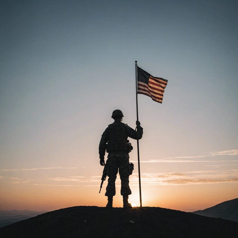 A solitary trumpet carries the weight of nostalgia and yearning in this patriotic instrumental, evoking images of a soldier reminiscing about his homeland while gazing upon a sunset far from home. The music combines a deep sense of longing with pride and honor, underpinned by a quiet, powerful determination.