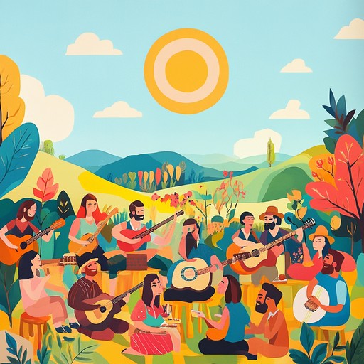 A spirited bluegrass instrumental featuring lively fiddle leads, rhythmic acoustic guitar, and steady bass, painting a picture of people dancing in open fields under the sun.